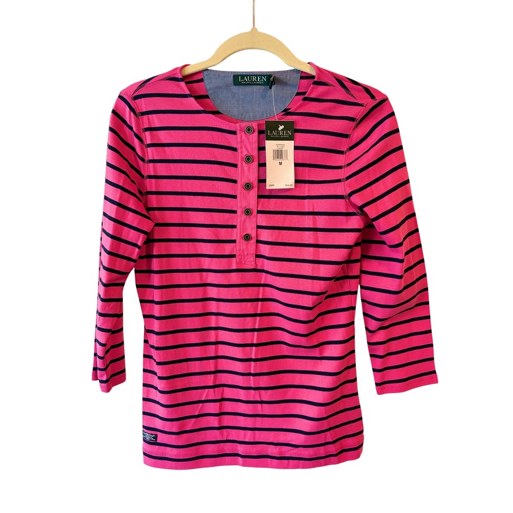 Lauren Ralph Lauren Pink Navy Striped Henley Top 3/4 Sleeve LRL CLSCS M